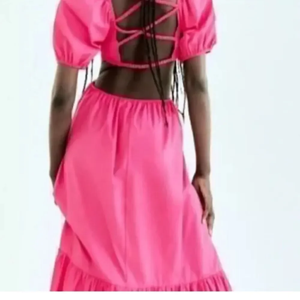 Zara Poplin Cut-off Puff-Sleeve Fucsia Dress Size Small - Picture 6 of 12